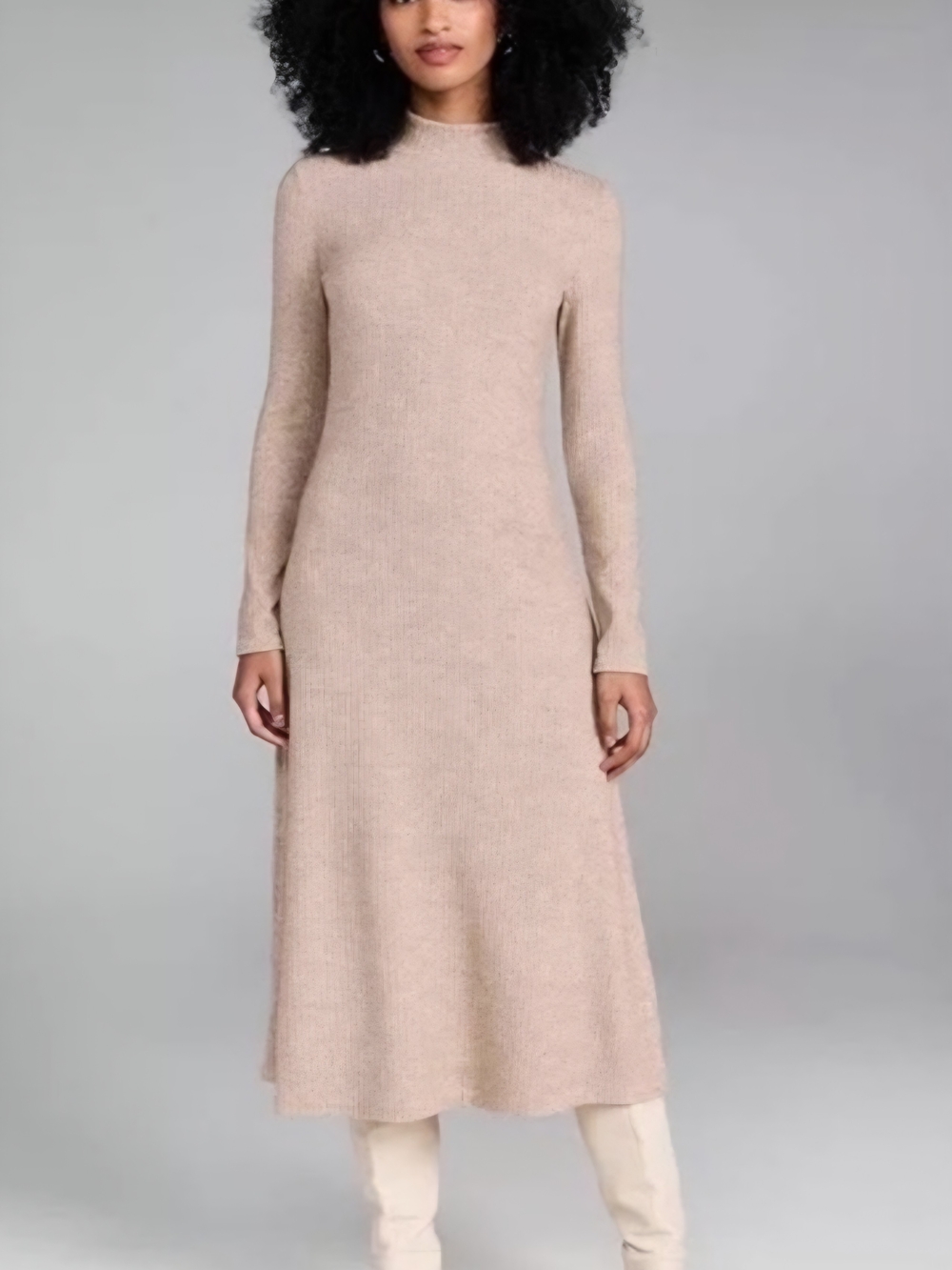 Vince Neutral Ribbed Long-Sleeve Midi Dress in Light Beige- Sz Small